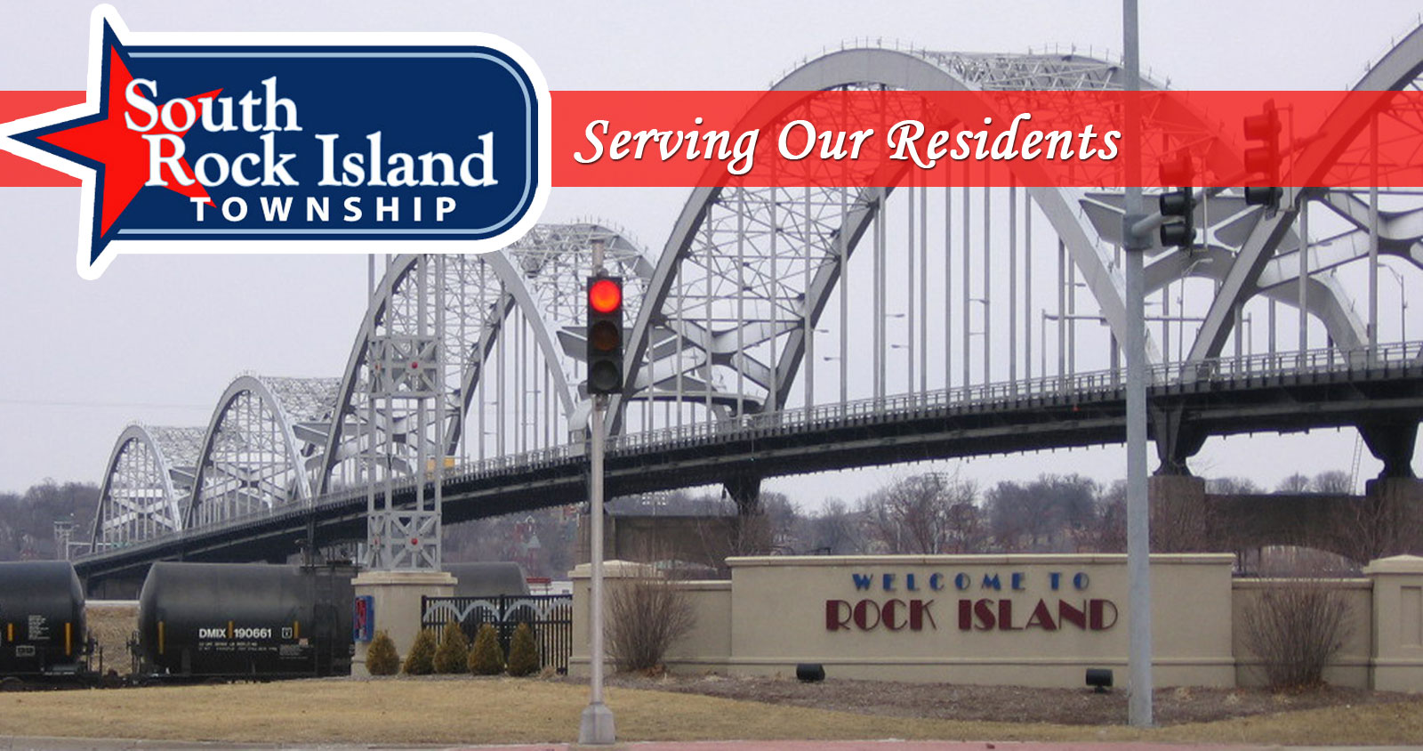 Large picture of Centennial bridge with South Rock Island Towship Logo and the phrase Serving Our Residents at the top